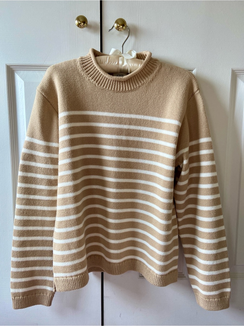J. Crew Tan and White Striped Crewneck Sweater